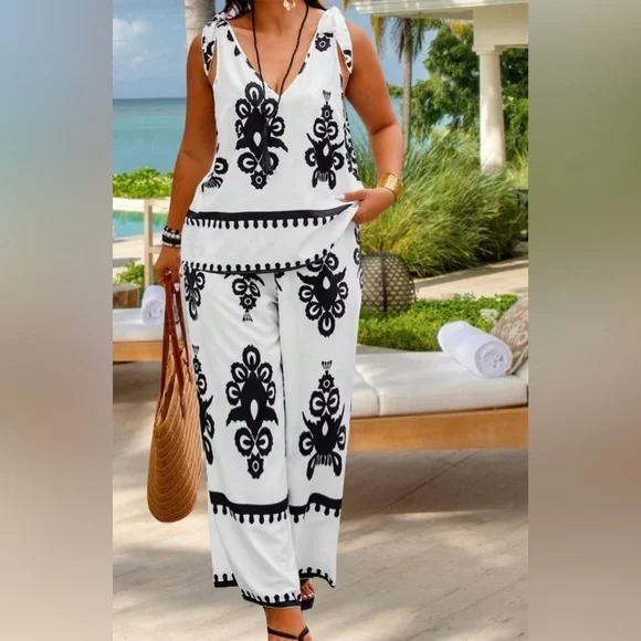 Elegant Curvy Bohemian Knot Shoulder Top Wide Leg Pants Two Piece Set - Picture 5 of 5